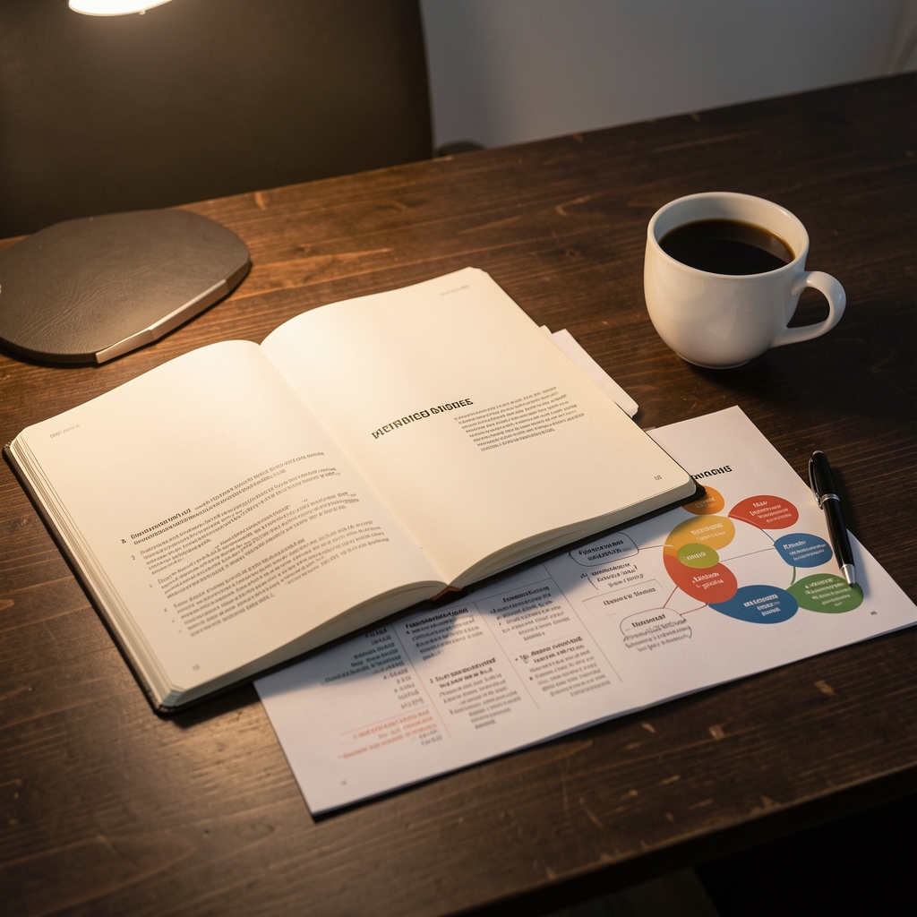 Editorial workspace with an open notebook, a cup of black coffee, and printed nutritional research pages spread across a dark wooden desk in controlled warm lighting