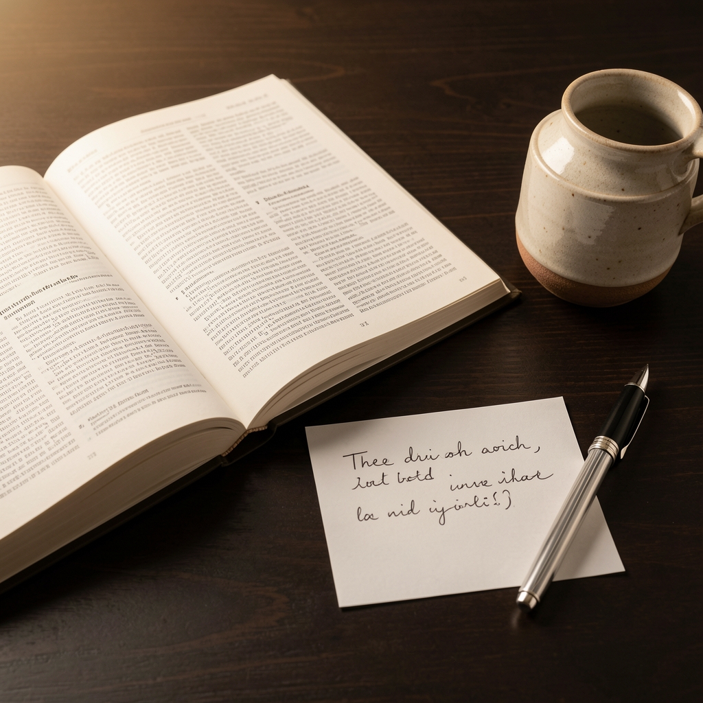 Close-up of an open nutritional research journal and a handwritten note on a dark desk surface, with a single pen and a small ceramic cup, in warm studio lighting