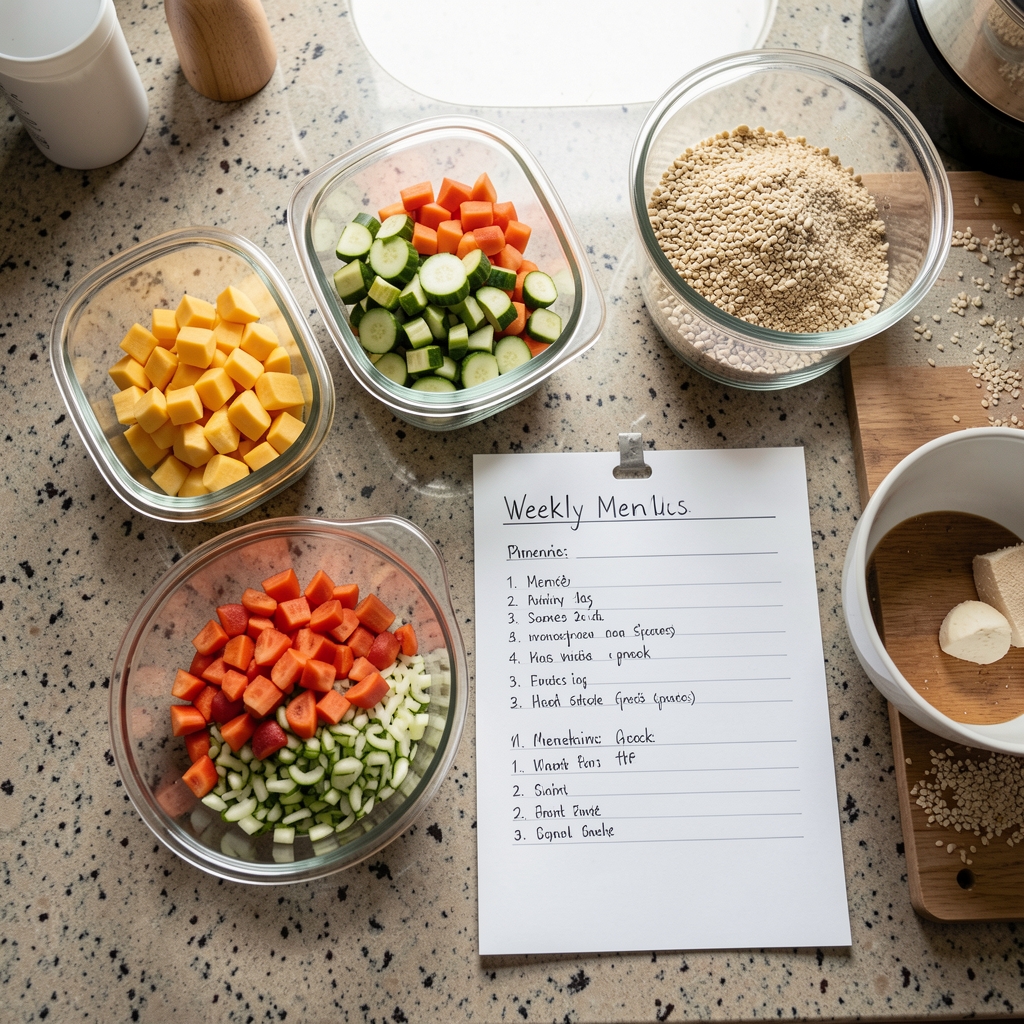Overhead view of a meal-prep session on a kitchen counter with glass containers, chopped vegetables, cooked grains, and a handwritten weekly menu plan in natural daylight