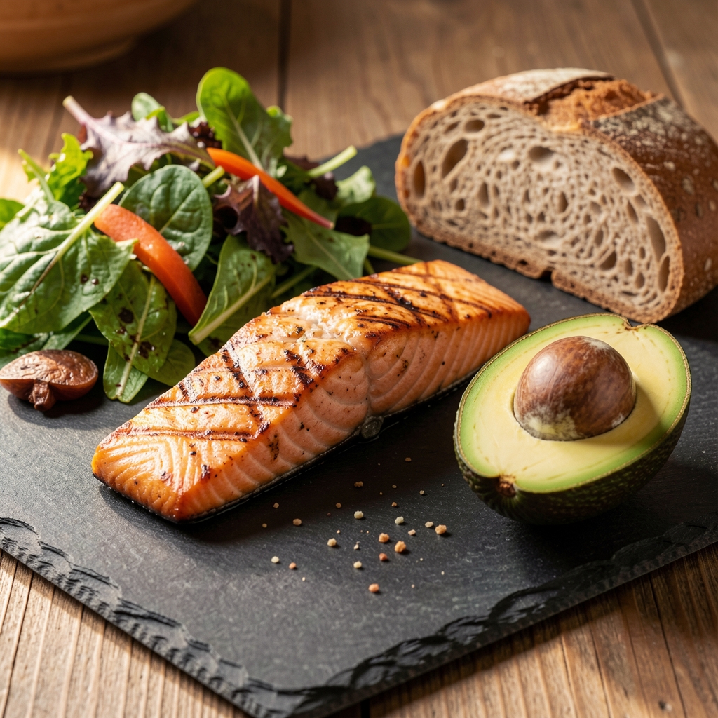 Close-up of a nutrient-dense meal on a slate surface with grilled salmon, leafy greens, whole grain bread and halved avocado under warm natural light