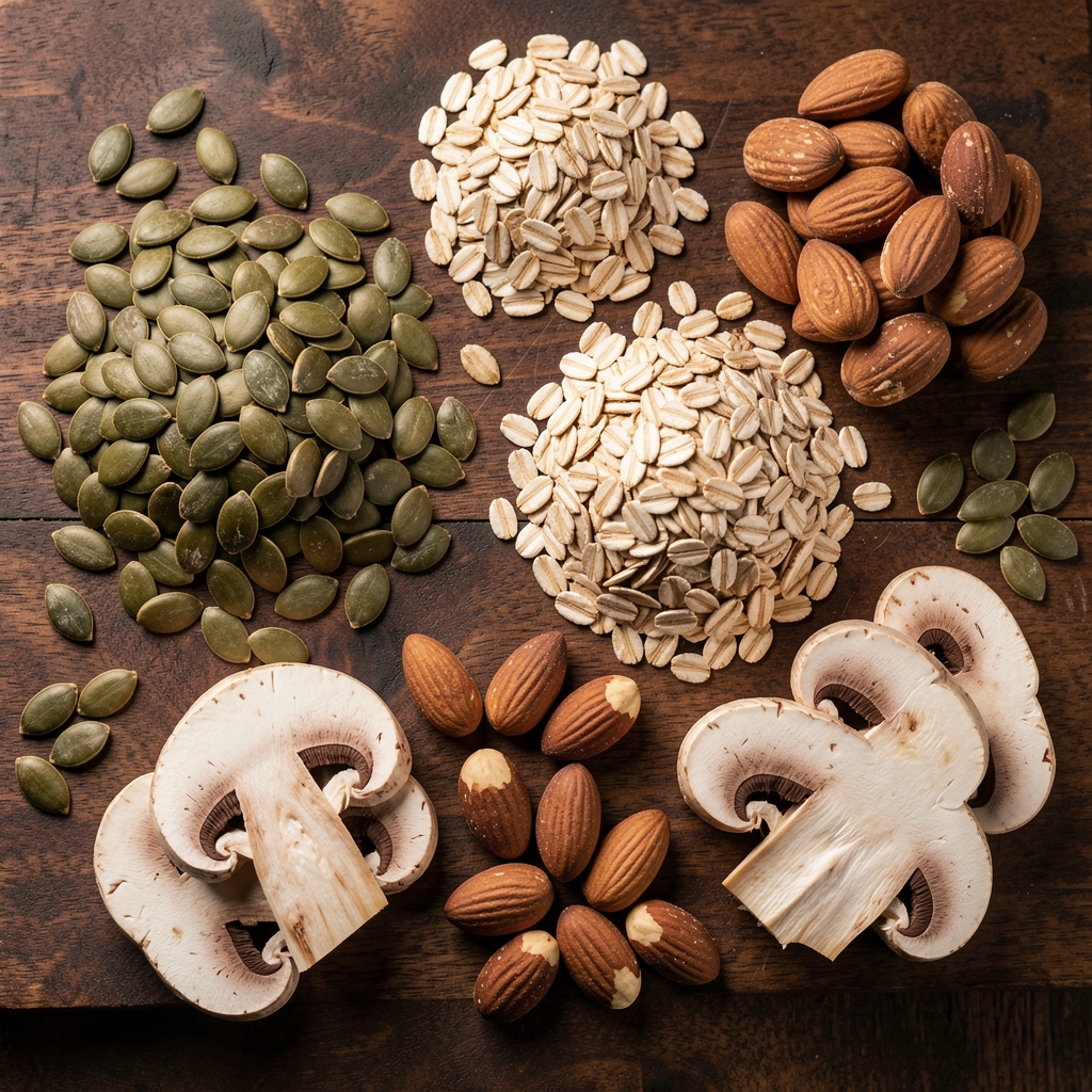 Overhead arrangement of zinc-rich and selenium-rich foods on a dark wooden board including pumpkin seeds, Brazil nuts, oats, and mushrooms under studio lighting