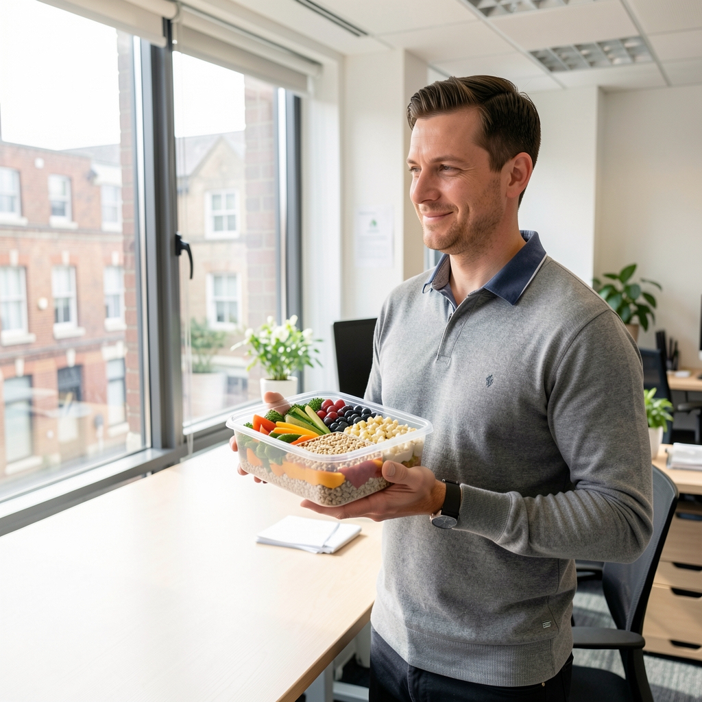 Man at a standing desk in a bright London office holding a meal-prep container with colourful vegetables and whole grains in midday light