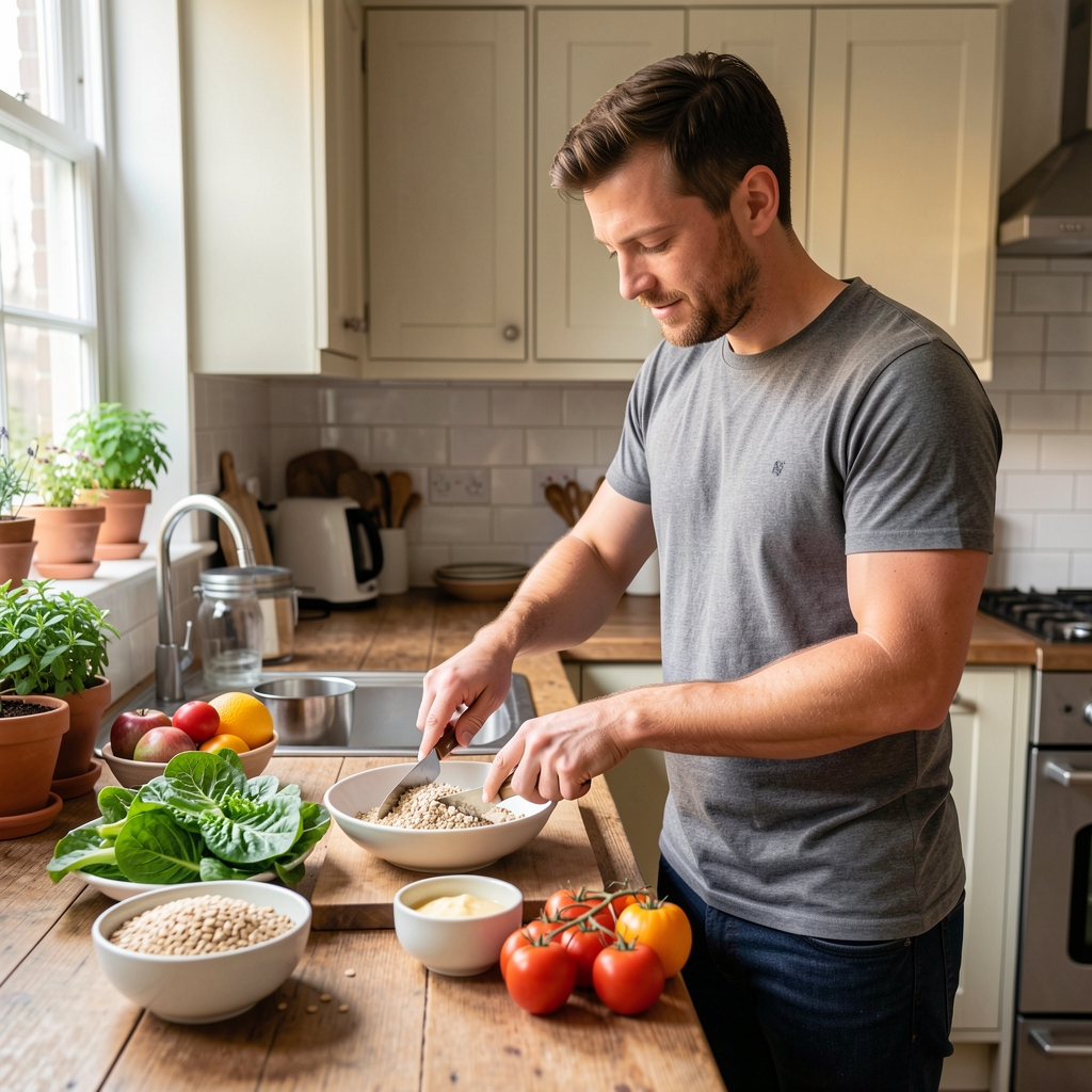 Active man in a London kitchen preparing a balanced breakfast with whole grains, leafy greens, and fresh produce on a wooden counter in morning light
